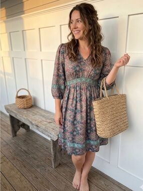Boho Women's Floral V-Neck Empire Mini‎ Dress - Green with Pink Print Small